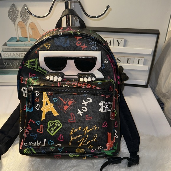 Karl Lagerfeld Paris Maybelle Collection Graffiti In Paris Backpack Black NWT - Picture 3 of 13